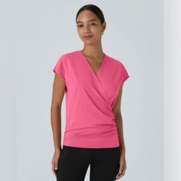 HALARA Women’s V Neck Cap Sleeve Crossover Ruched Hot Pink Work Blouse M NWT - Picture 2 of 5